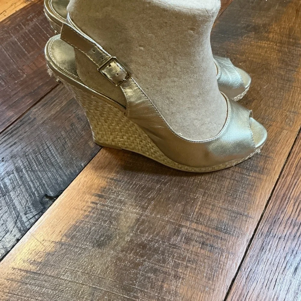 Lilly Pulitzer Kristen Gold Metallic Leather Wedge Espadrilles | Women’s Size 10